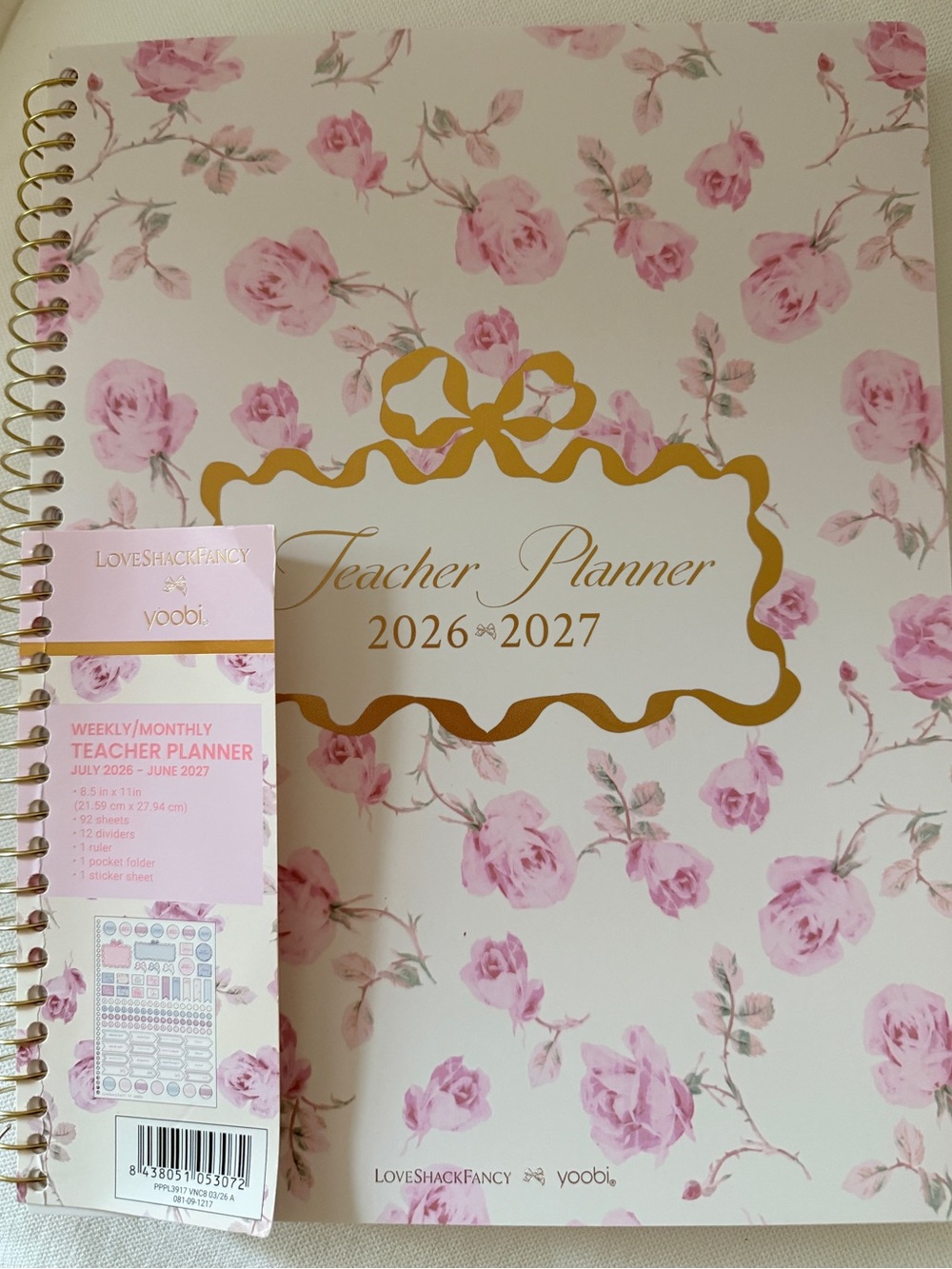 LoveShackFancy Pink Floral Teacher Planner with Gold Accent 2026-2027